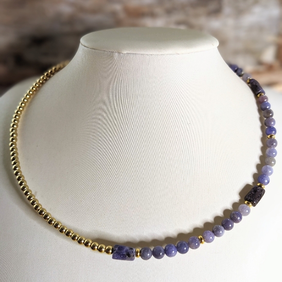 Natural Tanzanite & Gold Ball Beads In Assymetrical Choker/Necklace - Picture 1 of 8